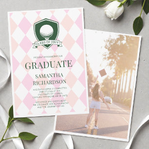 Modern Pink and Green Girly Golf Photo Graduation Announcement