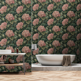 Modern Pink and Green Hydrangea Peel and Stick Wallpaper