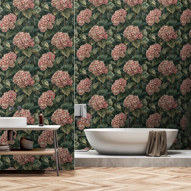 Modern Pink and Green Hydrangea Peel and Stick Wallpaper (Bathroom)