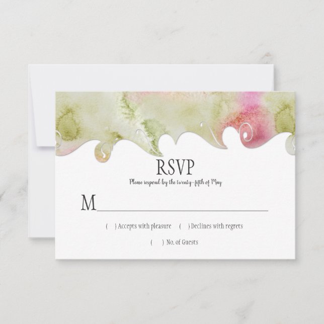 Modern Pink and Green Watercolor Wedding RSVP Card (Front)