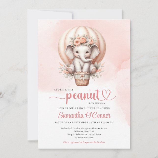 Modern pink and grey baby elephant blush floral invitation (Front)