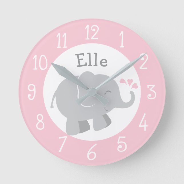 Modern Pink and Grey Elephant Custom Monogram Round Clock (Front)