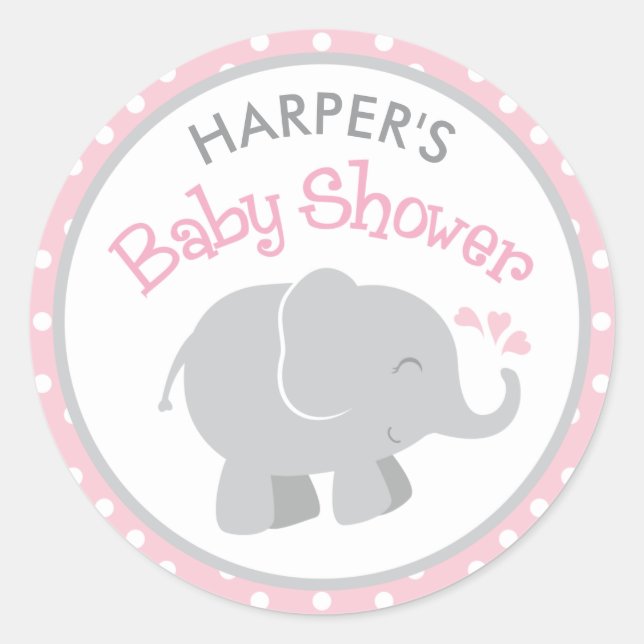 Modern Pink and Grey Elephant Girl Baby Shower Classic Round Sticker (Front)