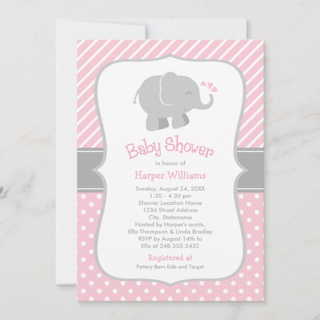 Modern Pink and Grey Elephant Girl Baby Shower Invitation (Front)