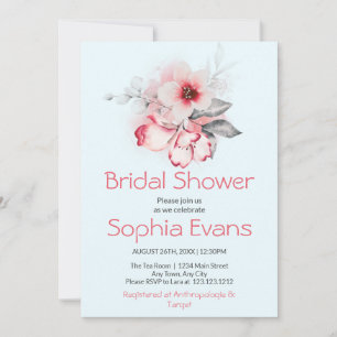 Modern Pink and Grey Floral Blue Bridal Shower Invitation