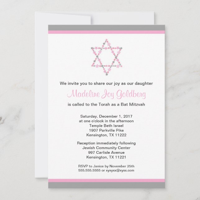Modern Pink and Grey Floral Star Bat Mitzvah Invitation (Front)