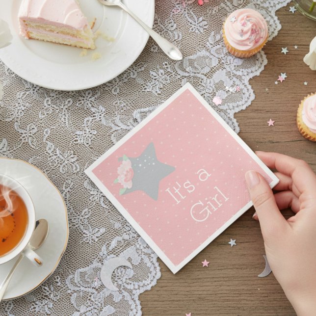 Modern Pink and Grey Star It's A Girl Napkin (Creator Uploaded)