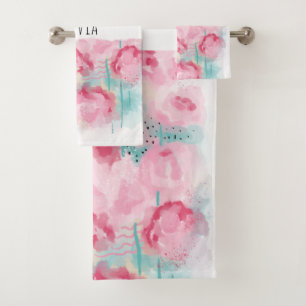       Modern Pink and Mint Watercolor Roses Bath Towel Set