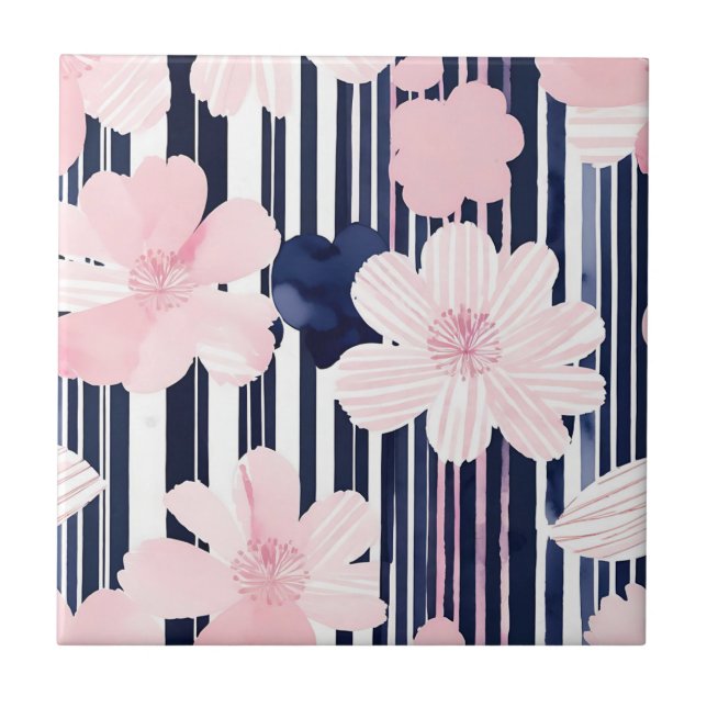 Modern Pink and Navy Floral Stripes Tile (Front)