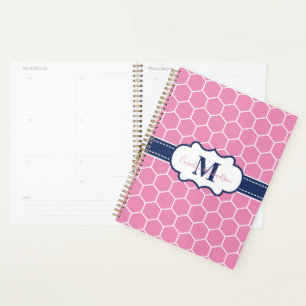 Modern Pink and Navy Monogram Geometric Pattern  Planner