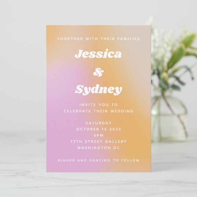 Modern Pink and Orange Abstract Art Wedding Invitation (Standing Front)