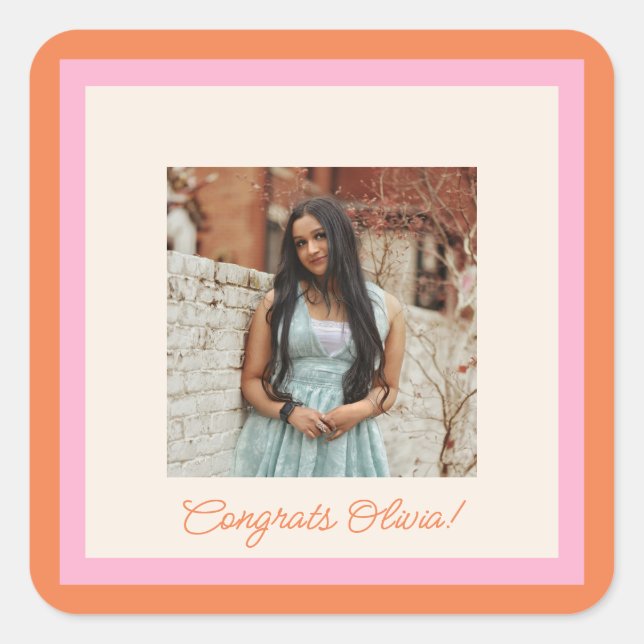 Modern Pink and Orange Border Photo Graduation Square Sticker (Front)