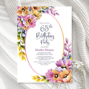 Modern Pink and Orange Floral 65th Birthday Party Invitation
