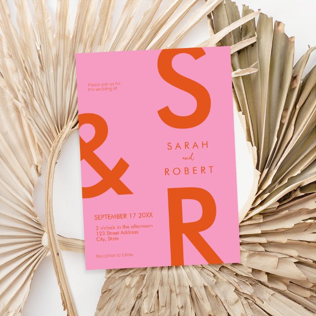 Modern Pink and Orange Monogram Wedding Invitation (Creator Uploaded)
