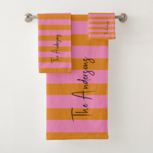 Modern Pink and Orange Stripes Custom Name   Bath Towel Set