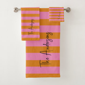 Modern Pink and Orange Stripes Custom Name Bath Towel Set