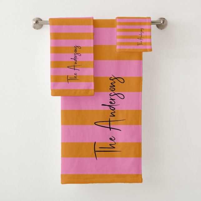 Modern Pink and Orange Stripes Custom Name   Bath Towel Set (Insitu)