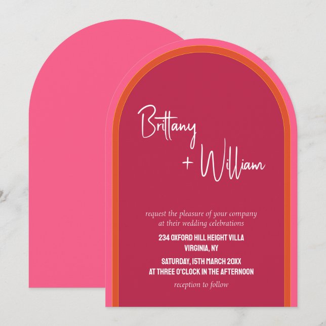 Modern Pink and Orange Summer Wedding Arched Invitation (Front/Back)