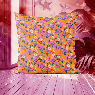 Modern Pink and Purple Floral on Orange  Cushion