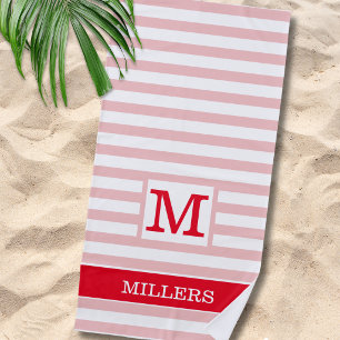 Modern Pink And Red Cabana Stripe Monogrammed Beach Towel