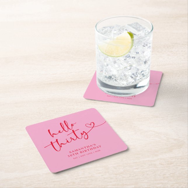 Modern Pink and Red Hello 30th Birthday Square Paper Coaster (Insitu)