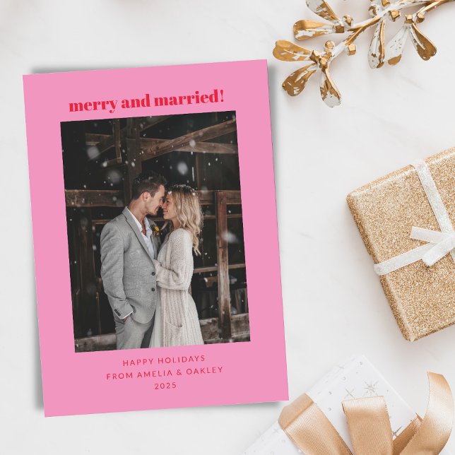 Modern Pink and Red Merry Married Christmas Photo Holiday Card (Creator Uploaded)