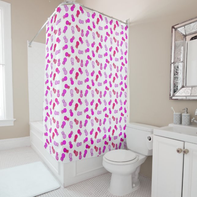 Modern pink and red pineapples shower curtain (In Situ)