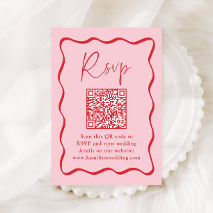 Modern Pink and Red Wavy Frame QR Code RSVP Enclosure Card
