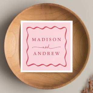 Modern Pink and Red Wavy Frame Wedding Napkin