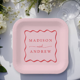 Modern Pink and Red Wavy Frame Wedding Paper Plate