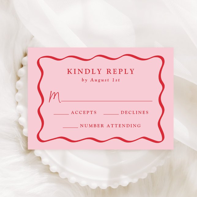 Modern Pink and Red Wavy Frame Wedding RSVP Card (Creator Uploaded)