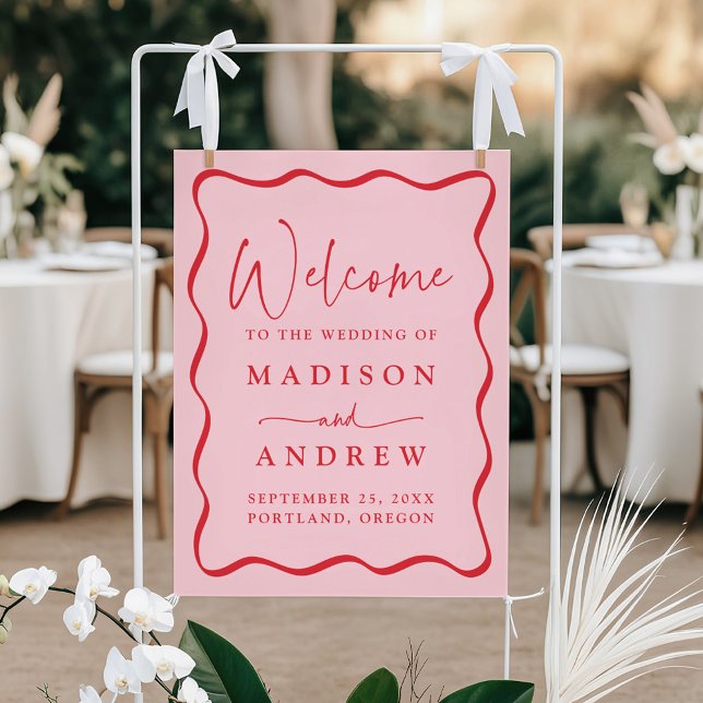 Modern Pink and Red Wavy Frame Wedding Welcome Poster (Creator Uploaded)