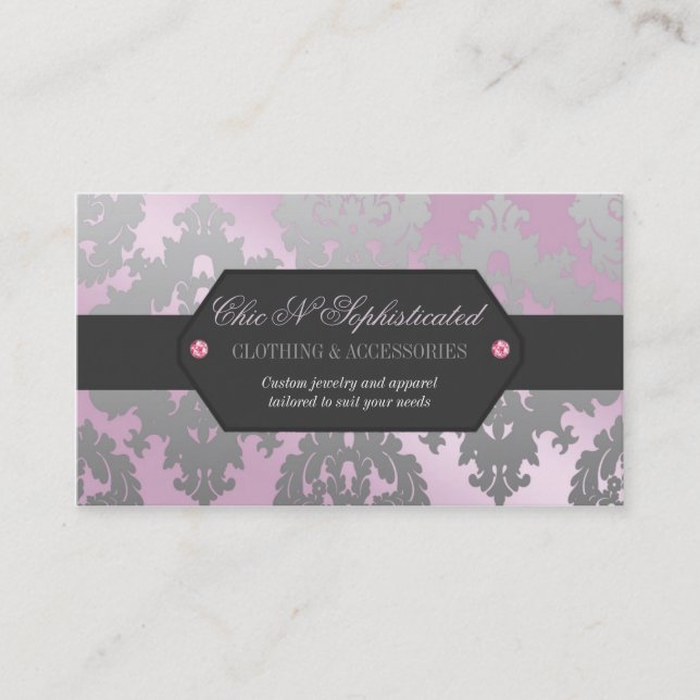 Modern Pink and Silver Damask Business Card (Front)