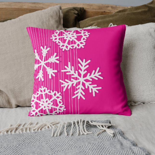 Modern pink and white Christmas snowflakes Cushion (Creator Uploaded)