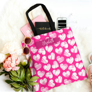 Modern Pink and White Doodled Heart Valentine Name Tote Bag
