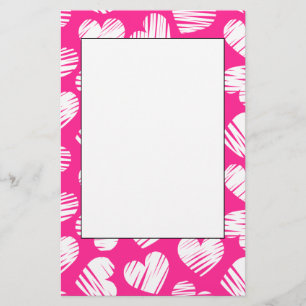 Modern Pink and White Doodled Heart Valentines Day Stationery