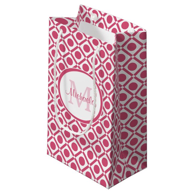 Modern Pink and White Geometric Monogram With Name Small Gift Bag (Front Angled)