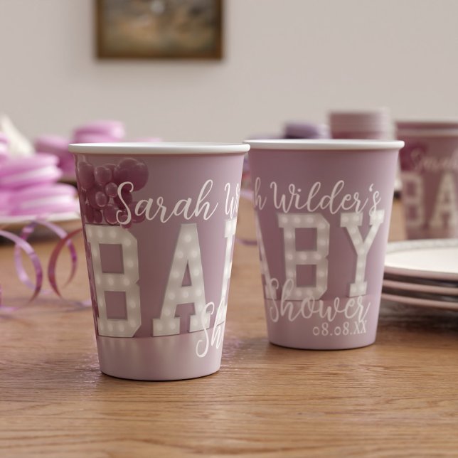Modern Pink and White Girl Baby Shower Paper Cups (Just add your name and baby shower date to these cute pink paper cups. )