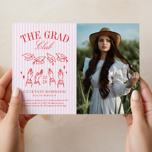 Modern Pink and White Stripe Photo Graduation Announcement