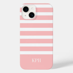 Modern Pink and White Stripe with Monogram Case-Mate iPhone 14 Case
