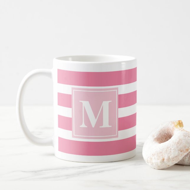 Modern Pink and White Stripe with Monogram Coffee Mug (With Donut)