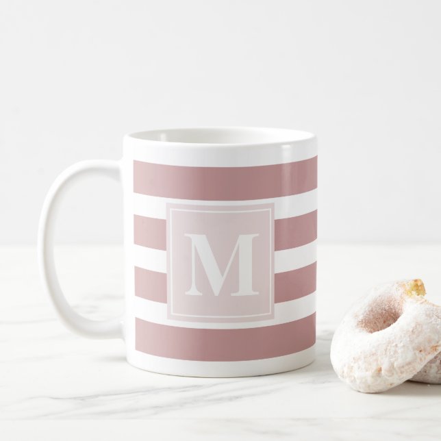 Modern Pink and White Striped Monogram Coffee Mug (With Donut)
