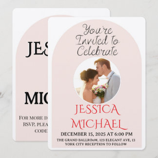 Modern Pink Arch Wedding Photo Invite with QR Code