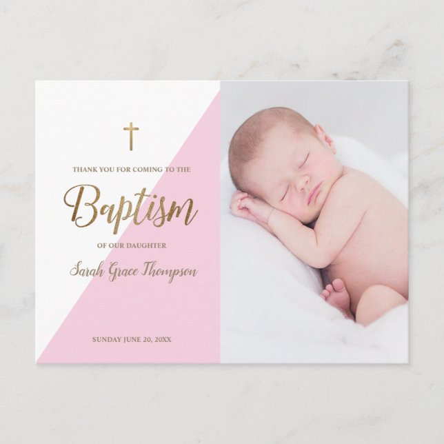 Modern Pink Baby Girl Photo Baptism Thank You Postcard (Front)
