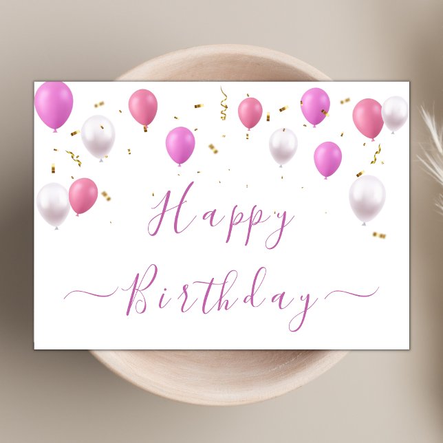 Modern Pink Balloons Elegant Happy Birthday Script Card (Creator Uploaded)