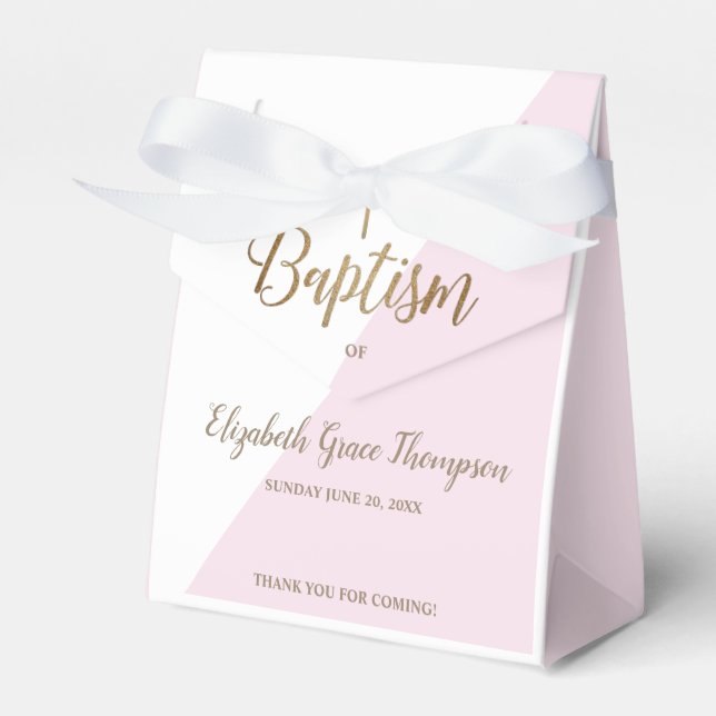 Modern Pink Baptism Baby Girl Thank you Gold Cross Favour Box (Front Side)