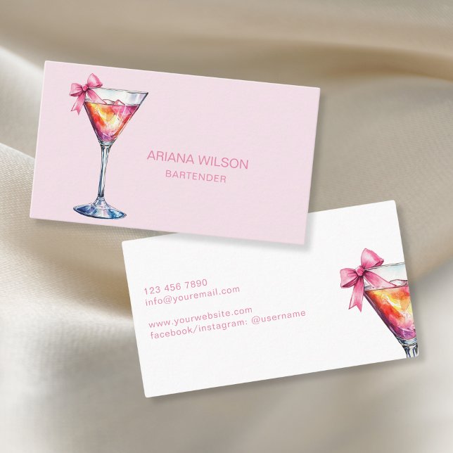 Modern Pink Bartender Cocktail Bow Bar Club Event  Business Card (watercolor cocktail glass with a bow)