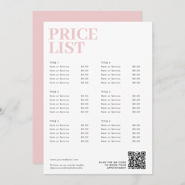 Modern Pink Beauty Price List Menu Small Business (Front/Back)