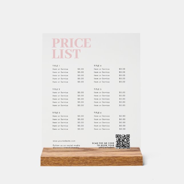 Modern Pink Beauty Price List Menu Small Business Acrylic Sign (Front)