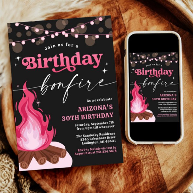 Modern Pink Birthday Bonfire Invitation (Modern Pink Birthday Bonfire Invitation)